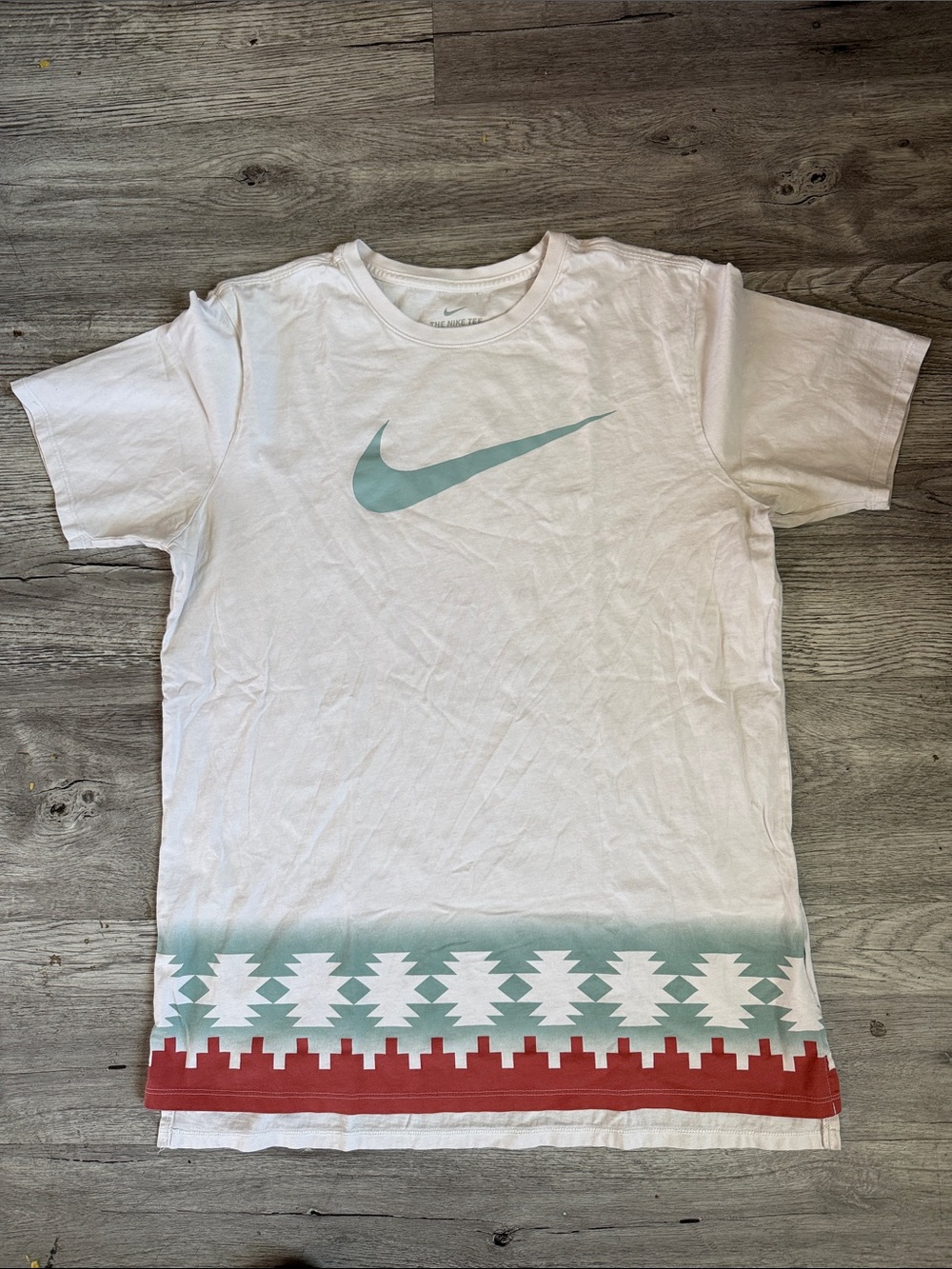 Nike White Tee with Mint Swoosh and Rust Aztec Trim
